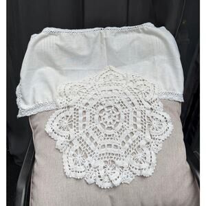 VINTAGE TABLE RUNNER APPROX 28" BY 12" AND DOILY APPROX 18" ROUND SOME STAINS